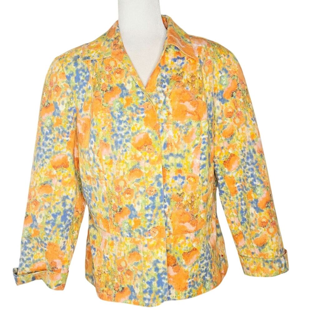 Coldwater Creek EUC Spring floral jacket blazer dressy 12 large orange blue